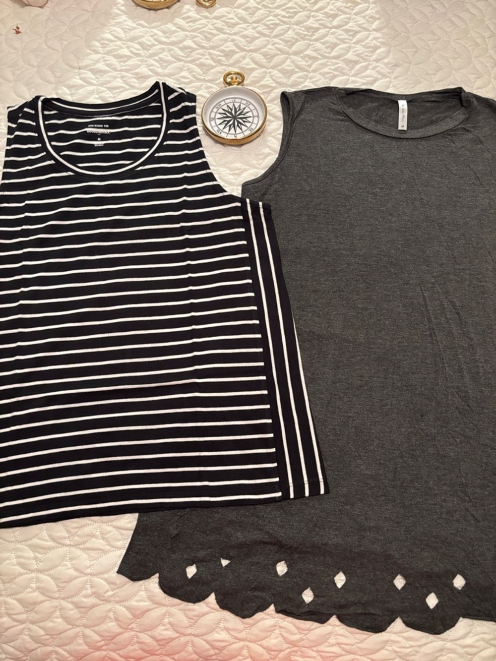Banana Republic B & W Striped Tee & Acting Pro Heathered Gray Tunic Tee Med